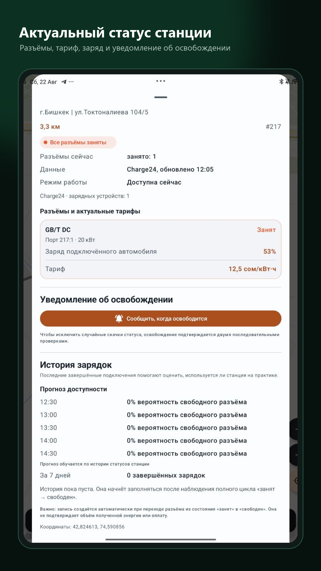 Карточка зарядной станции с разъёмами и тарифами